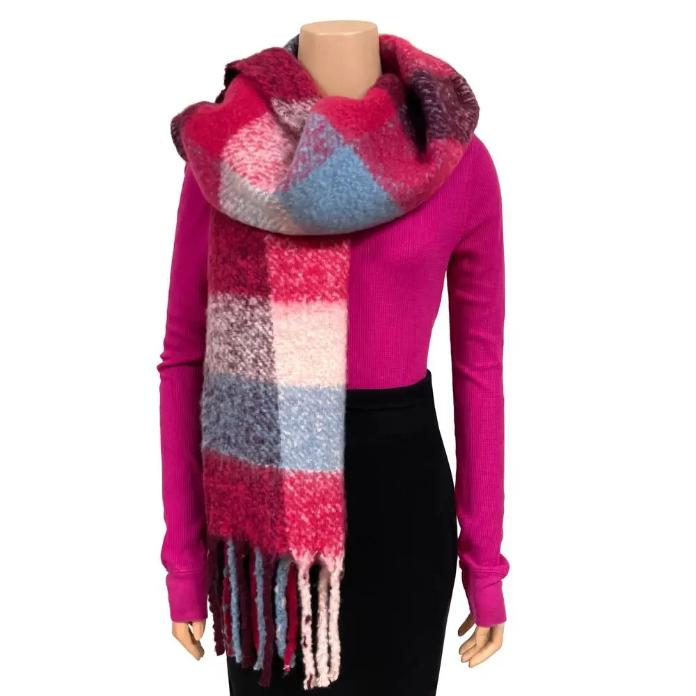 R Fashion Apparel Winter Long Fringe Scarf Vibrant Rich Plaid Fuchsia Blue Soft